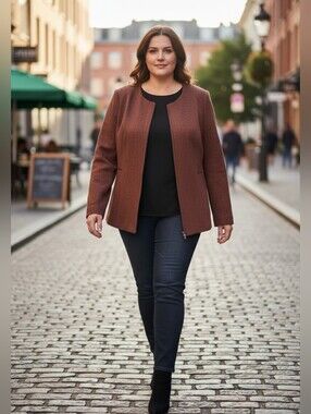 Jessica London Women’s Zip-Front Blazer Jacket in Rustic Brown/Burnt Orange